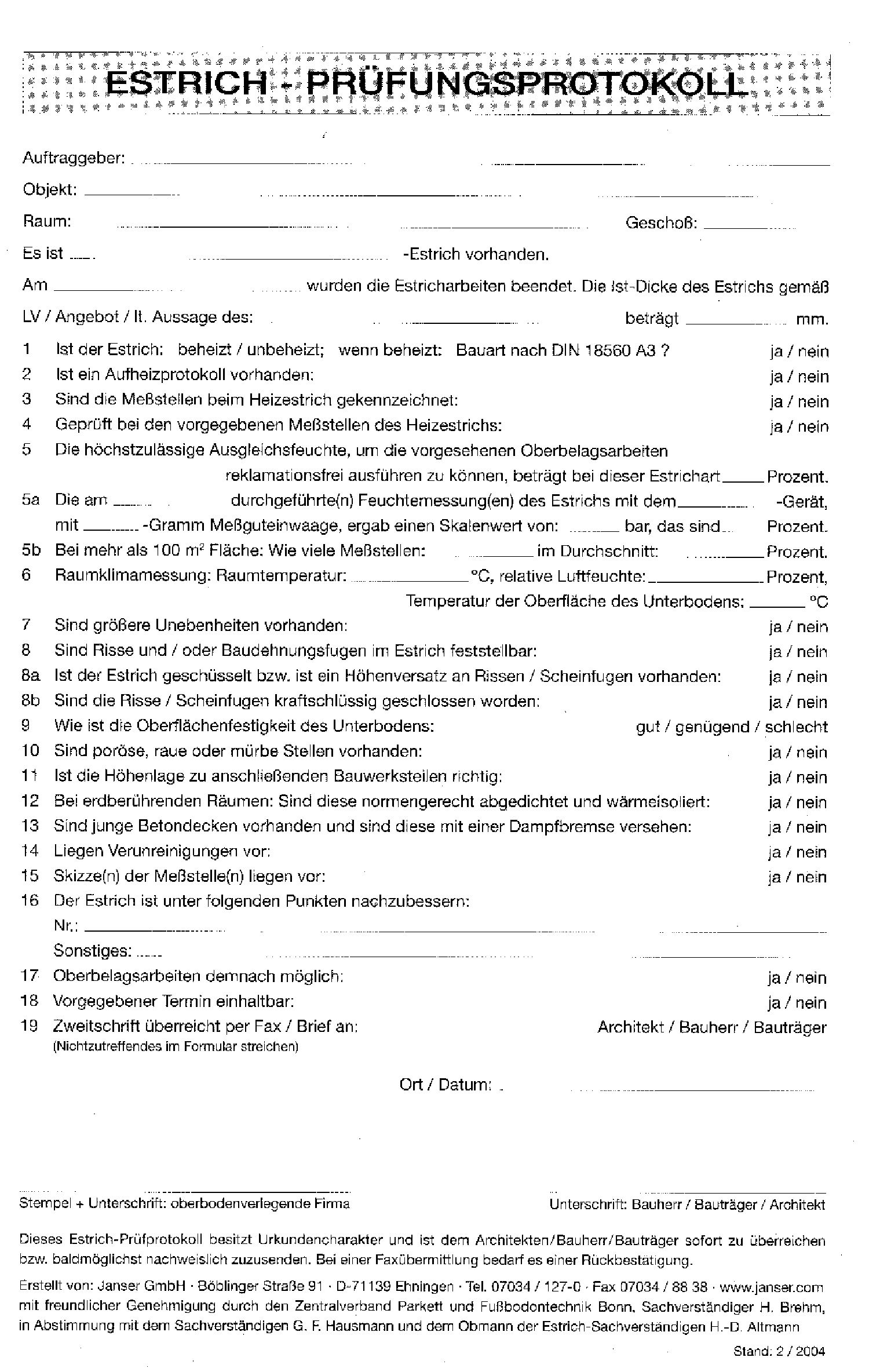 Estrich-Prüfprotokoll Block mit 27 Sätzen